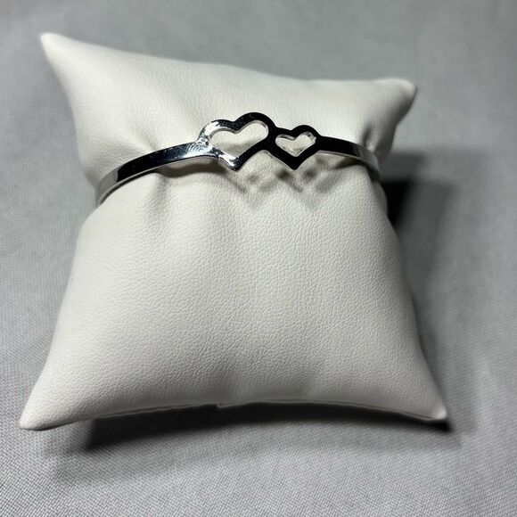 New! Double Heart Silvertone Boho Open Cuff Adjustable Bracelet - Picture 1 of 7